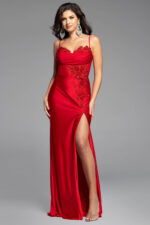 ruched bodice with floral applique high slit dress 42227