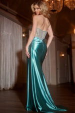 Back view of Jovani 42256 evening gown showing elegant flow of the blue fabric.