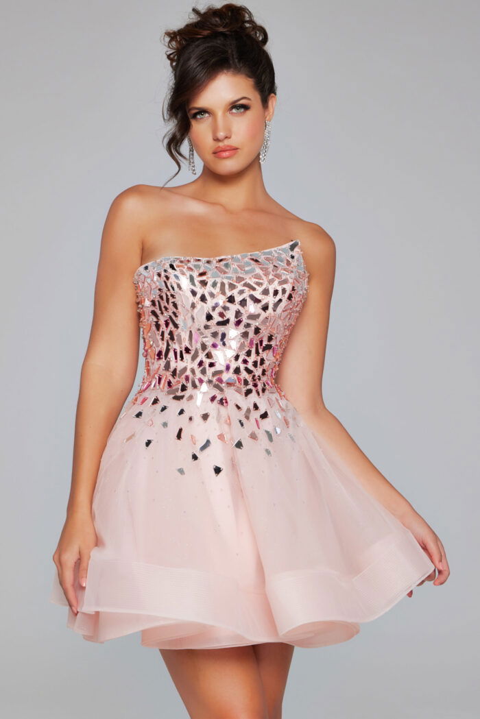 Jovani 42282 pink short dress with one-shoulder neckline, front view.