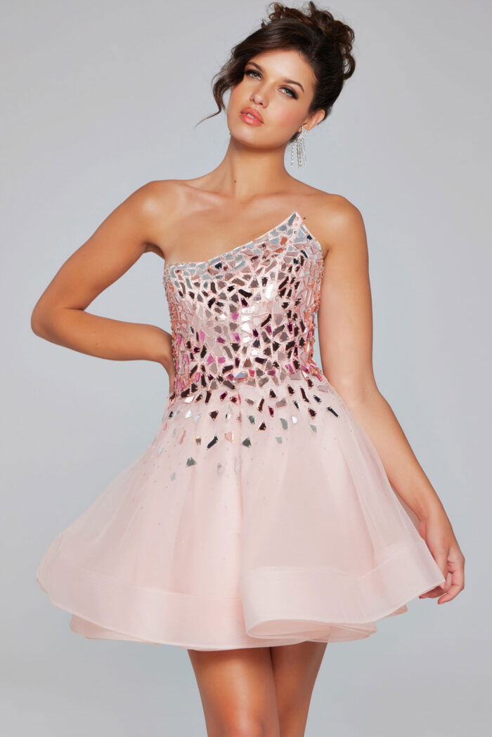 Model wearing Jovani 42282 pink dress, front view showcasing mirrored embellishments.