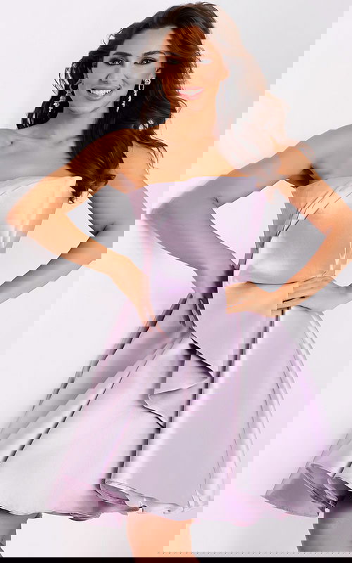 Elegant lilac short formal dress with bold draped ruffle design