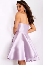 Back view of lilac mikado strapless dress with structured flared skirt