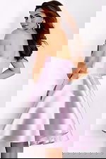 Back view of lilac mikado strapless dress with structured flared skirt