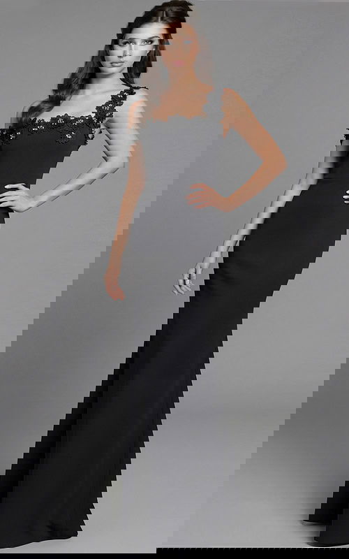 Front view of a fitted gown with floral appliqué neckline and asymmetric strap