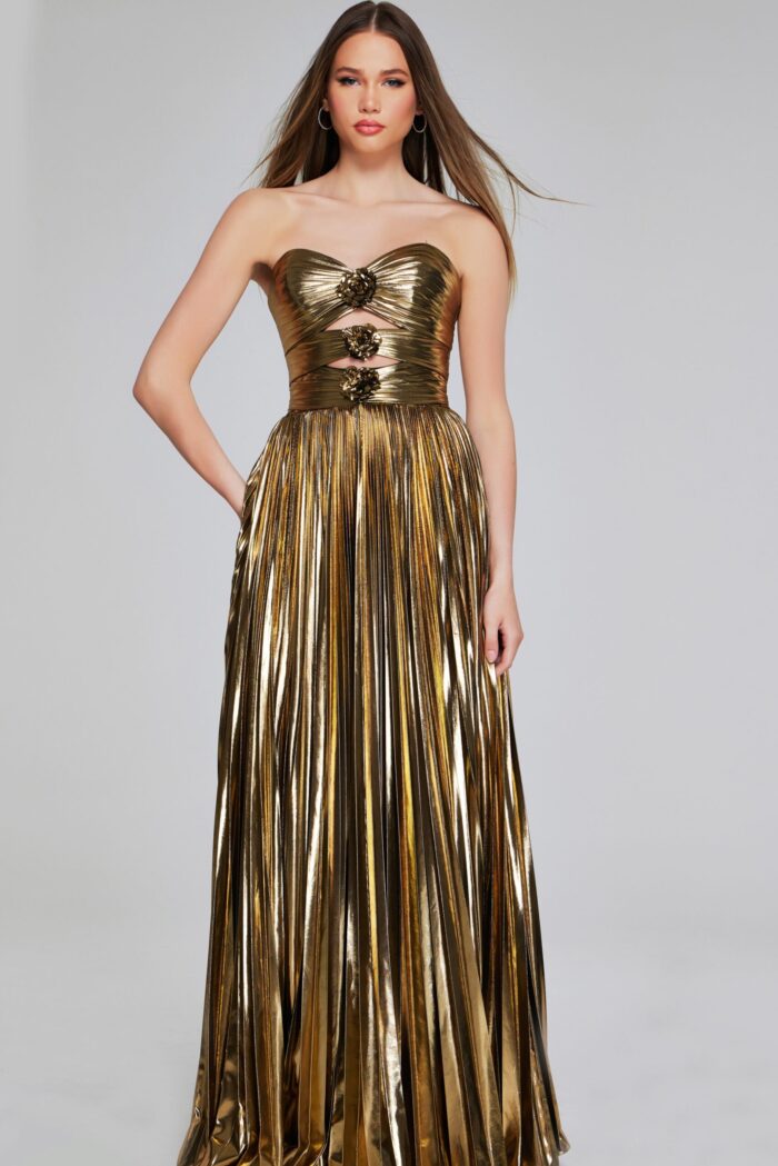Front view of Jovani 42335 gold gown with flowing skirt and floral accents.