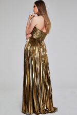 Back view of model in Jovani 42335 gold evening gown.