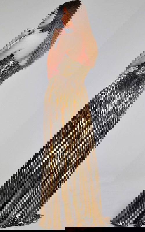 Back view of model in Jovani 42335 gold evening gown.