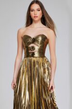 Model in Jovani 42335 gold gown with sweetheart neckline, detailed front view.