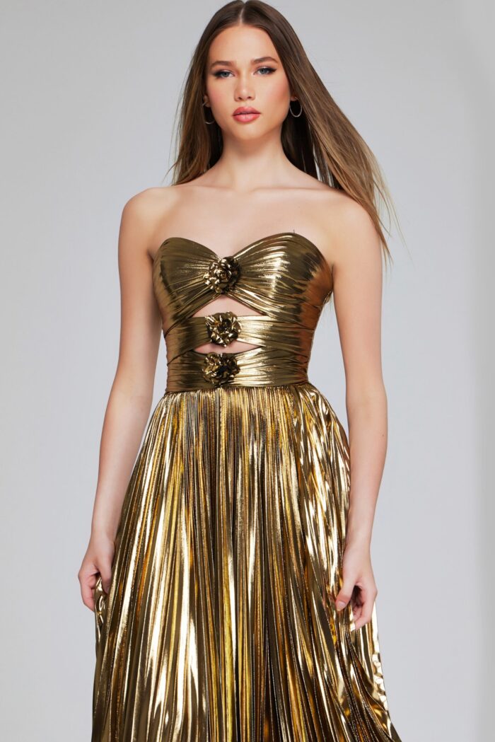 Model in Jovani 42335 gold gown with sweetheart neckline, detailed front view.
