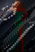 Model wearing Jovani 42336 green dress with sweetheart neckline and high slit, front view