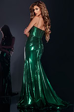 Model wearing Jovani 42336 green dress, back view showing elegant draping