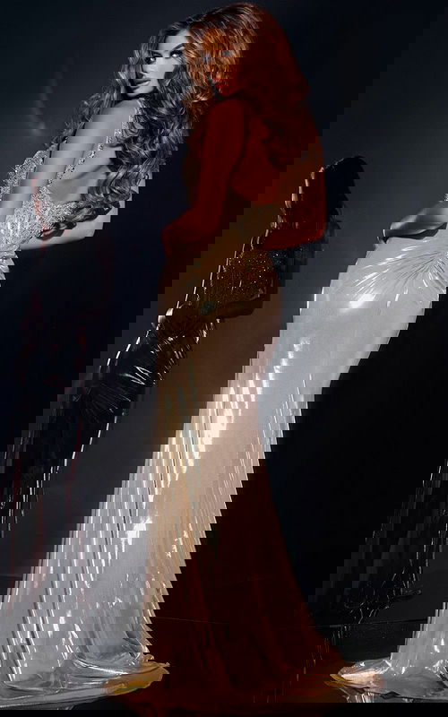 Back view of Jovani 42343 gold gown, showcasing the elegant design.