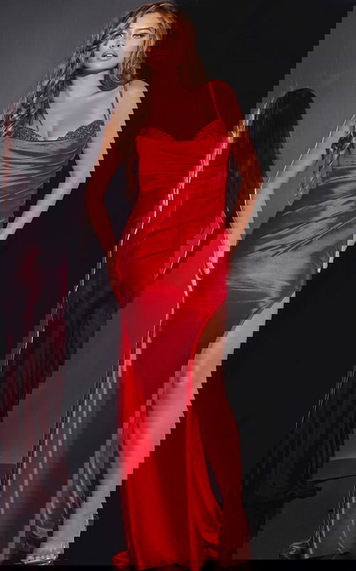 Model wearing Jovani 42370 red gown with sweetheart neckline and high slit.