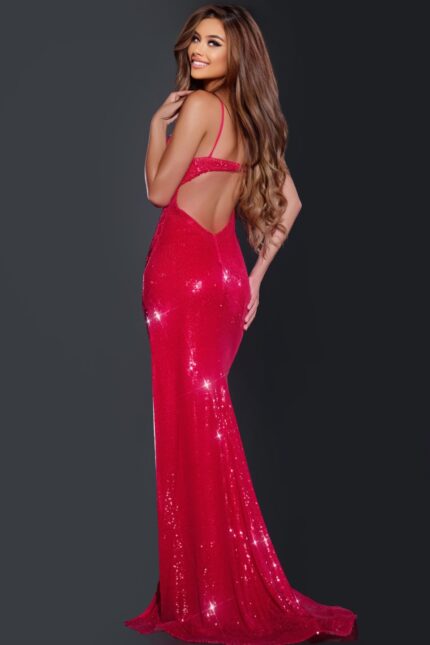 Model wearing Jovani 42379 burgundy gown with open back design, back view