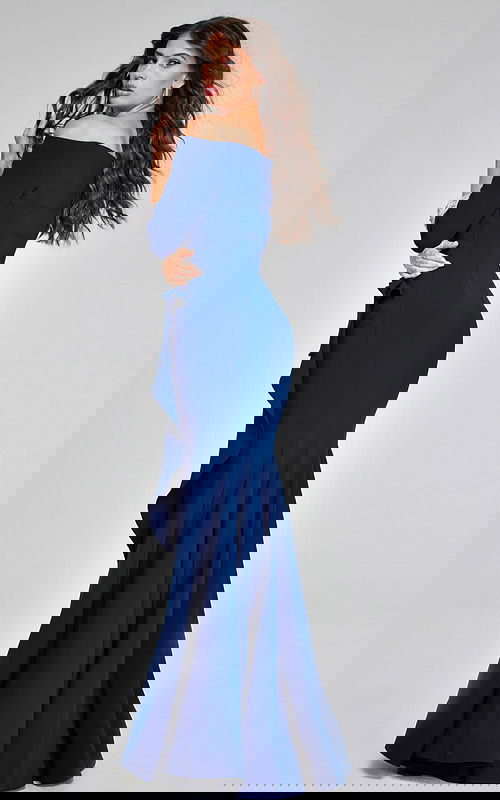 Model showing the back of Jovani 42409 navy gown.