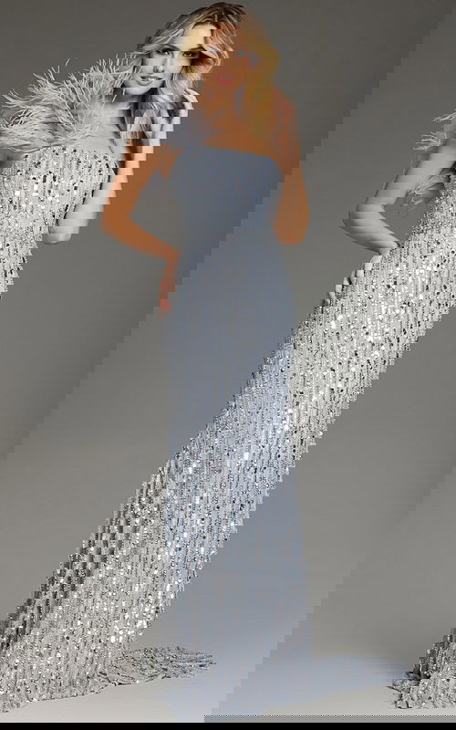 Model wearing Jovani 42426, a floor-length blue sequin gown with feathered shoulder.