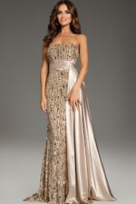 Front view of model wearing Jovani 42427 gown with nude sequins and strapless neckline.