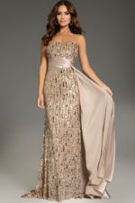 Model wearing Jovani 42427 gown from the back with nude sequins and sash.