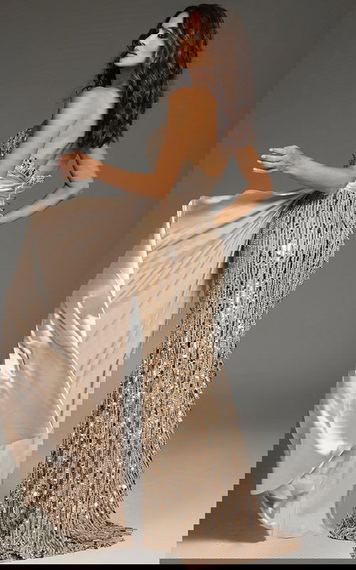 Model showcasing front of Jovani 42427 with shimmering sequins and elegant sash.