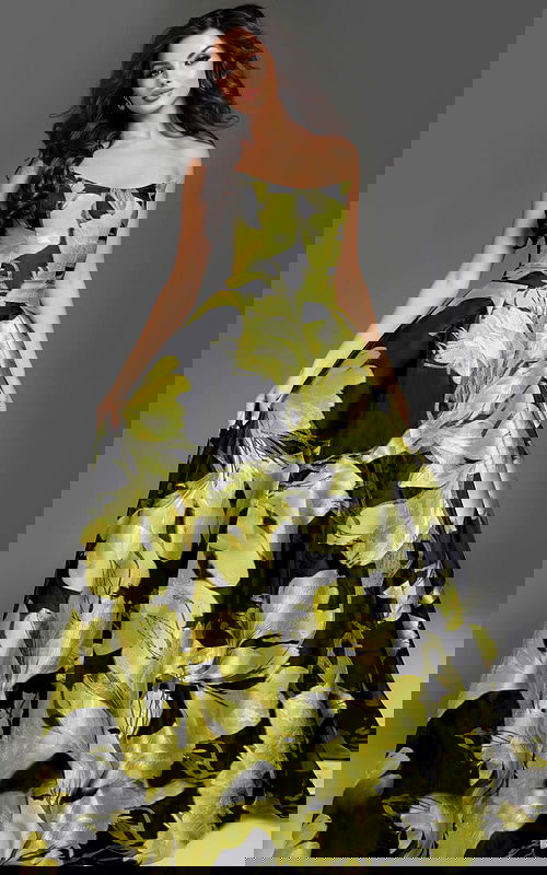 model wearing 42435 yellow floral dress with a strapless neckline and A-line silhouette, front view