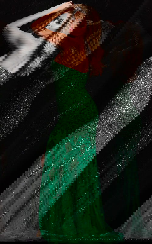 model showing back of Jovani 4247 green gown with beadwork