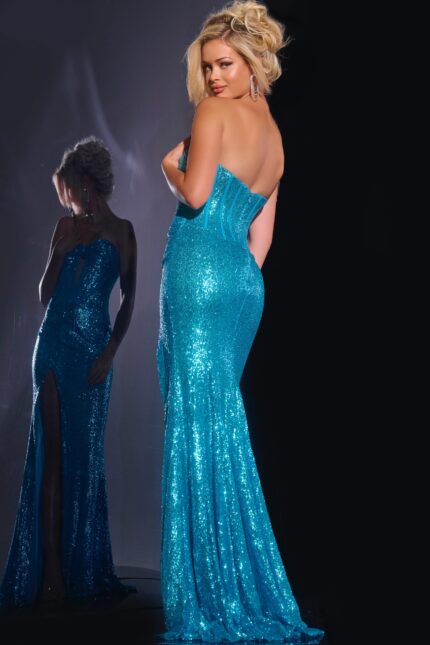 Back view of Jovani 42514 blue sequin gown, showcasing its elegant design.