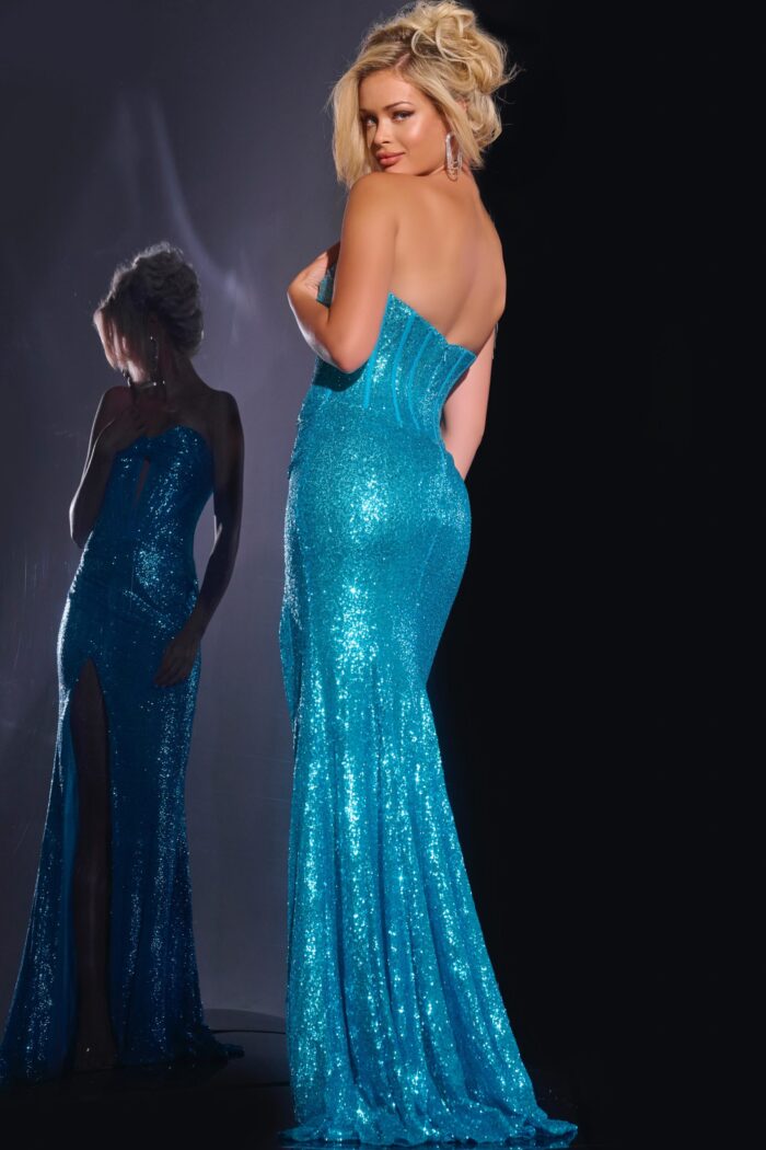 Back view of Jovani 42514 blue sequin gown, showcasing its elegant design.