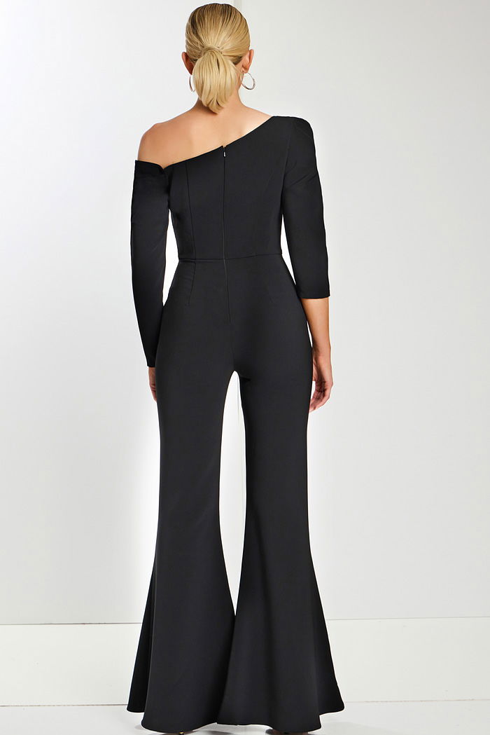 One-Shoulder Jumpsuit with Puff Sleeves and Flared Legs 42522 | Jovani
