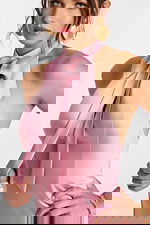 Close-up of mauve halter neckline with long satin bow detail.