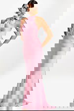 Side view of model in sleek mauve satin gown with open arms and fitted waist.