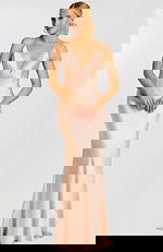 Sleek satin blush gown with deep V-neck and spaghetti straps