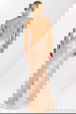 Backless satin evening dress with crisscross straps in blush