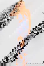 Fitted evening dress with bold satin pattern and open back