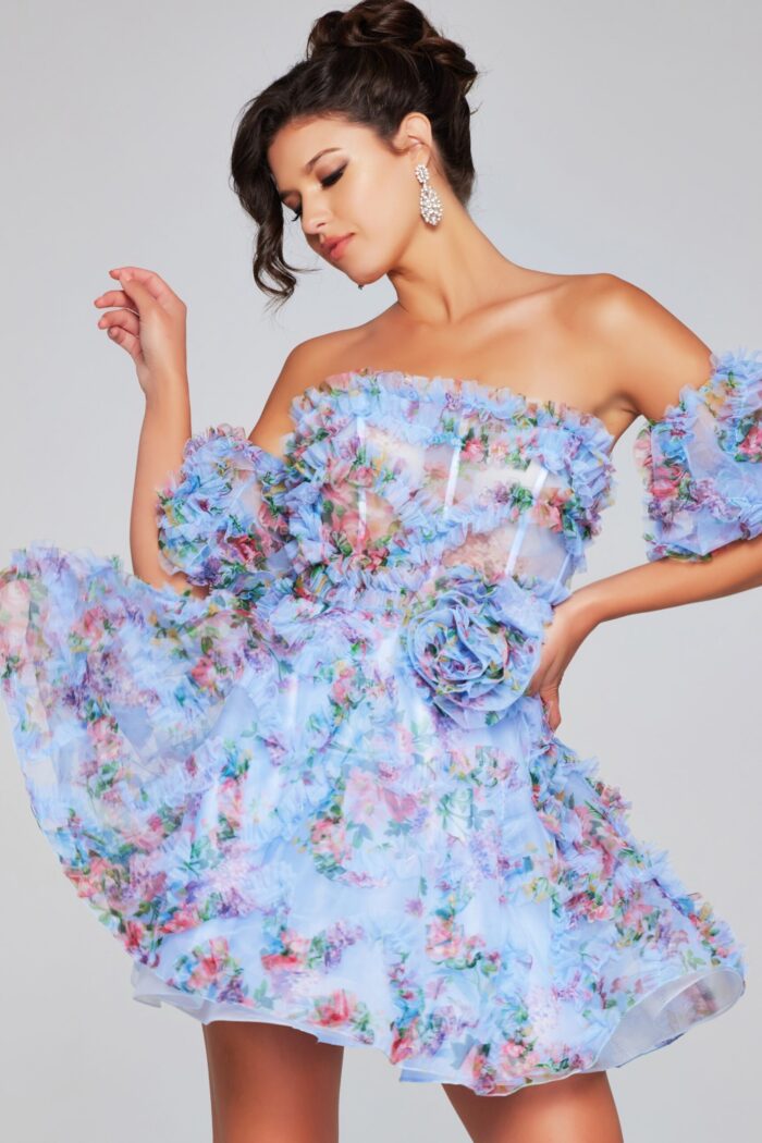 Model wearing Jovani 42573 blue off-the-shoulder dress, partial view.