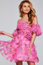Model wearing Jovani 42573 pink off-the-shoulder dress, partial view.