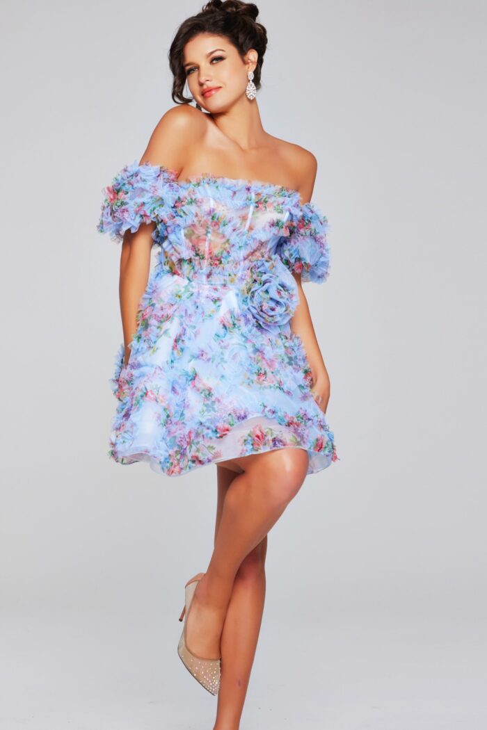 Model wearing Jovani 42573 blue floral dress, full front view.