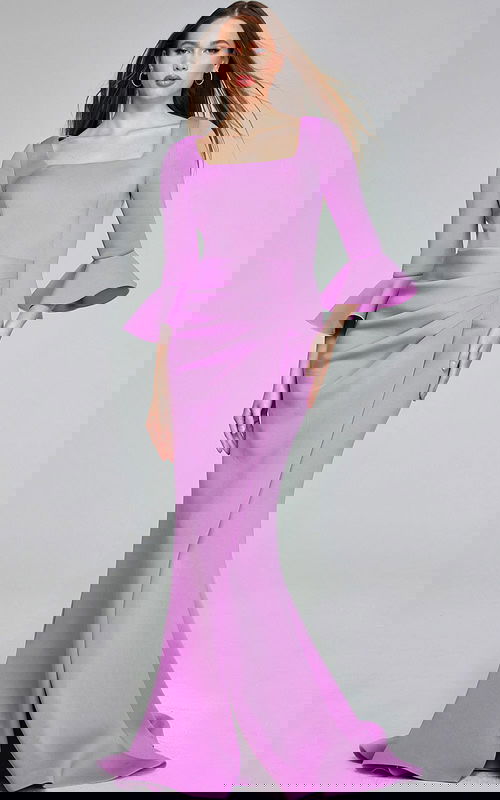 Model wearing Jovani 42579 lilac gown with square neckline and bell sleeves, front view.