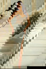 beaded sheer bodice and ruched waist detailing