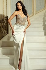 beaded sheer bodice and ruched waist detailing