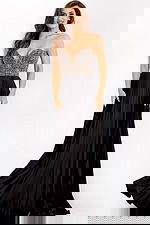 Strapless gown with beaded bodice and pleated satin skirt