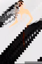 Evening dress with deep sweetheart neckline and beaded detail