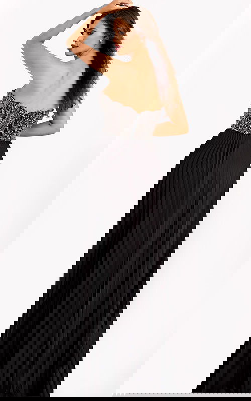 Elegant black gown with pleated skirt and embellished bodice