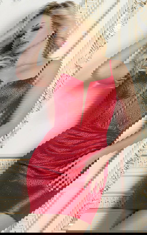 Satin mini dress with corset-style bodice and deep plunge