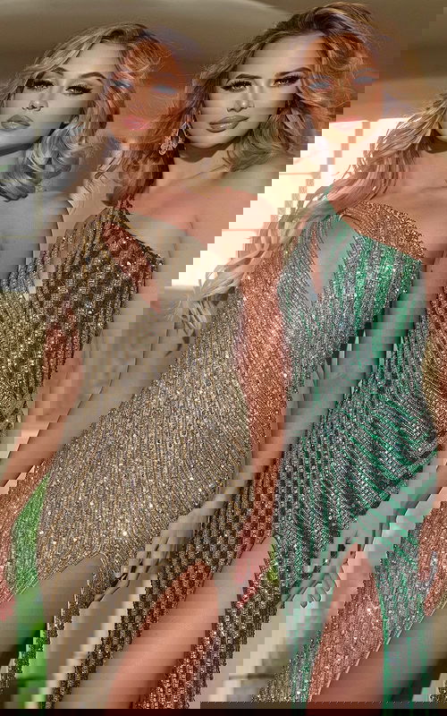 Two models wearing Jovani 42677 gowns in green and gold, with high slits and sequins