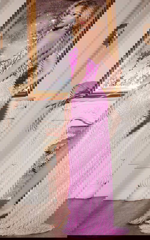 Back view of Jovani 42690 pink gown showcasing high slit and beadwork.