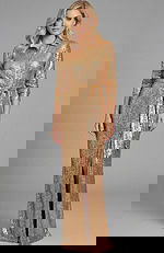 Long sleeve sequin evening gown with collared neckline, tie waist, and front slit