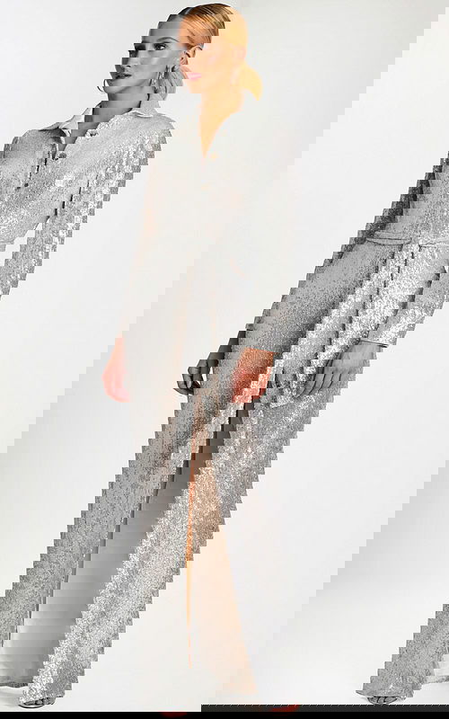 Silver Sequin Shirt Collar Gown With Waist Tie and Slit