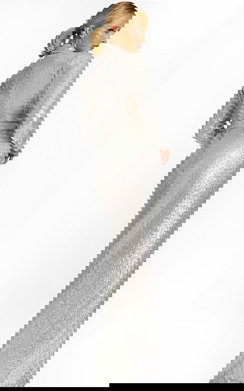 Side Angle of Silver Sequin Gown Showing Slit and Belt