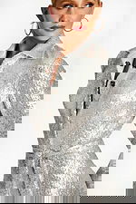 Close-Up of Button Front and Sequin Texture on Silver Gown