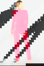 Red blazer suit angled view showing full length and structure